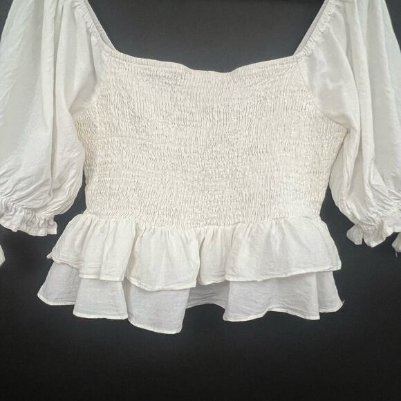 Jacquie the Label blouse top women’s sz L ivory beige smocked off-the-shoulder - Picture 6 of 16